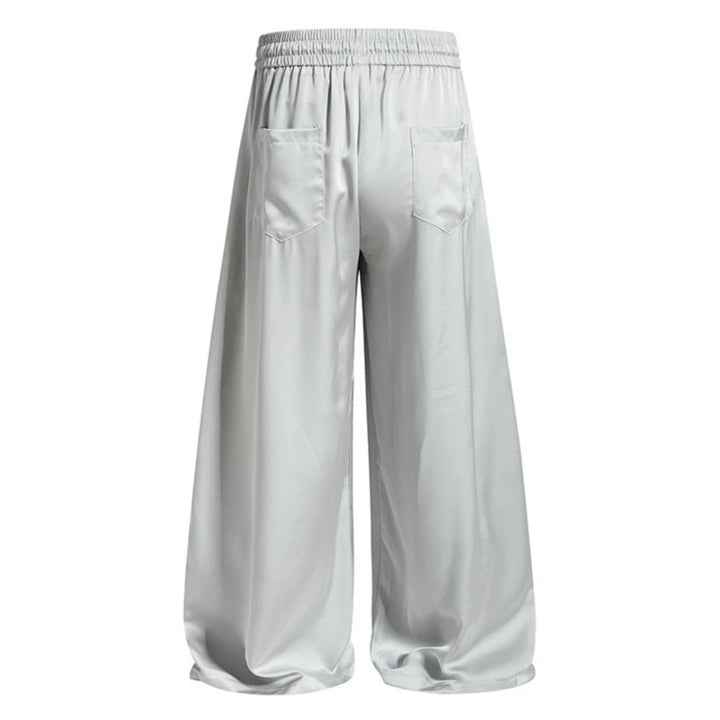 Women's Wide Satin Palazzo Lounge Pants with Elastic Waistband, Drawstring, and Script Print Mune Fashion