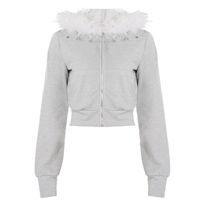 Women's Short Zip Hoodie with Tailored Cropped Cut and Faux Fur Collar Mune Fashion