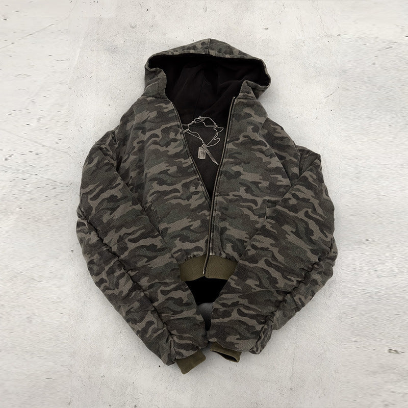 Men's short-cut camouflage bomber-style hooded jacket with teddy lining and two-way zipper Mune Fashion