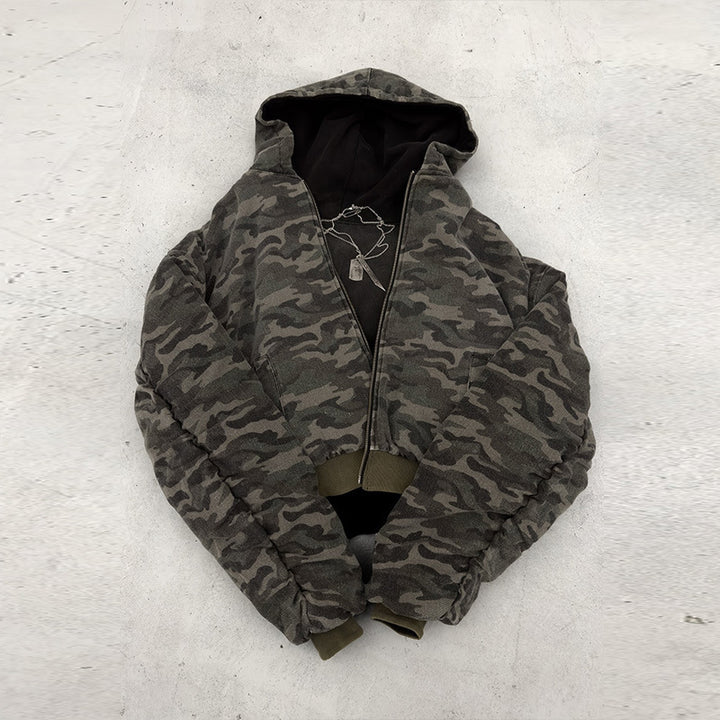 Men's short-cut camouflage bomber-style hooded jacket with teddy lining and two-way zipper Mune Fashion