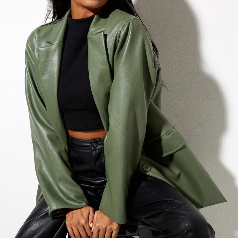Women's Oversized Faux Leather Blazer Jacket Mune