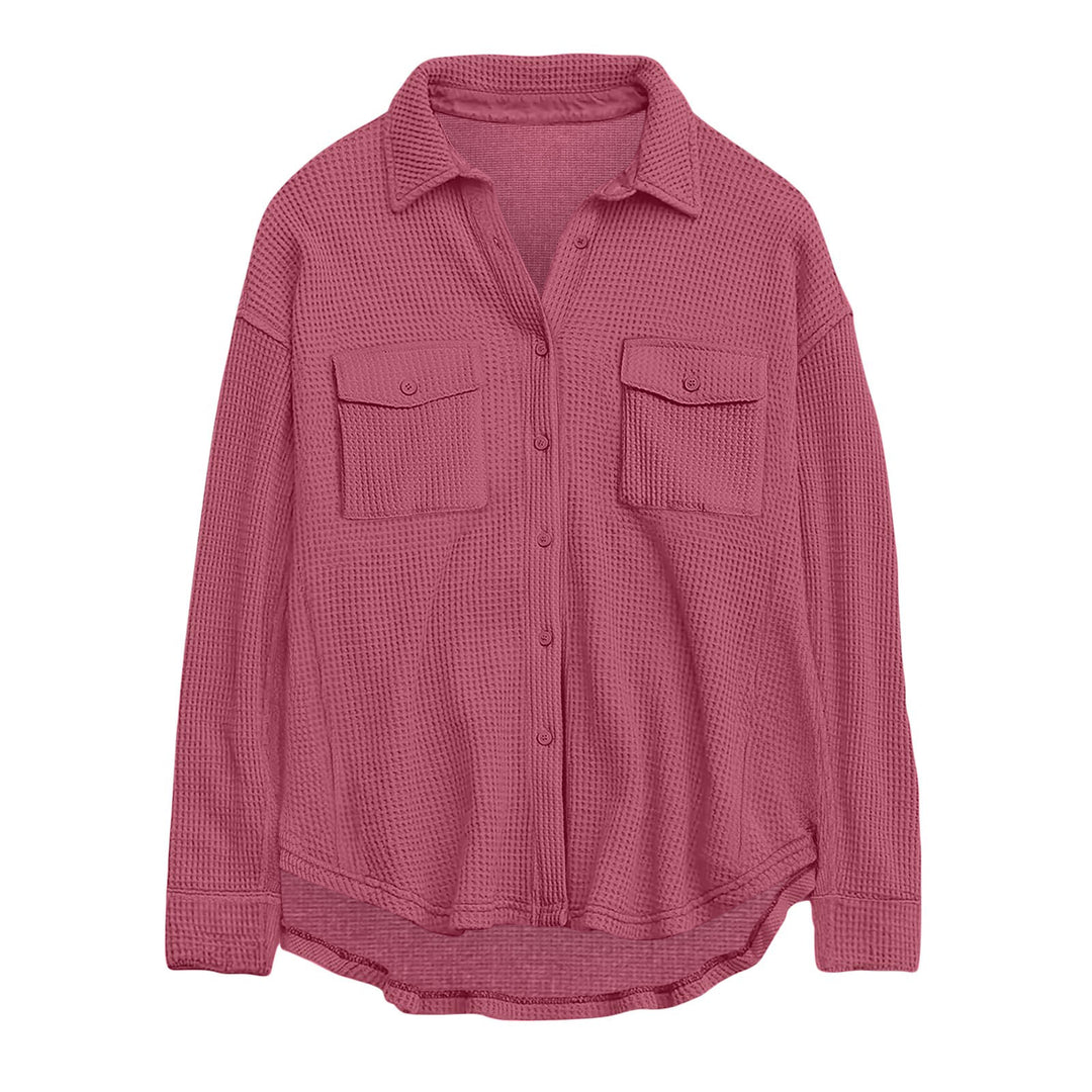 Women's oversized waffle knit shirt jacket with chest pockets and button placket Mune Fashion