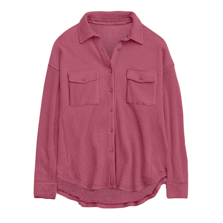 Women's oversized waffle knit shirt jacket with chest pockets and button placket Mune Fashion