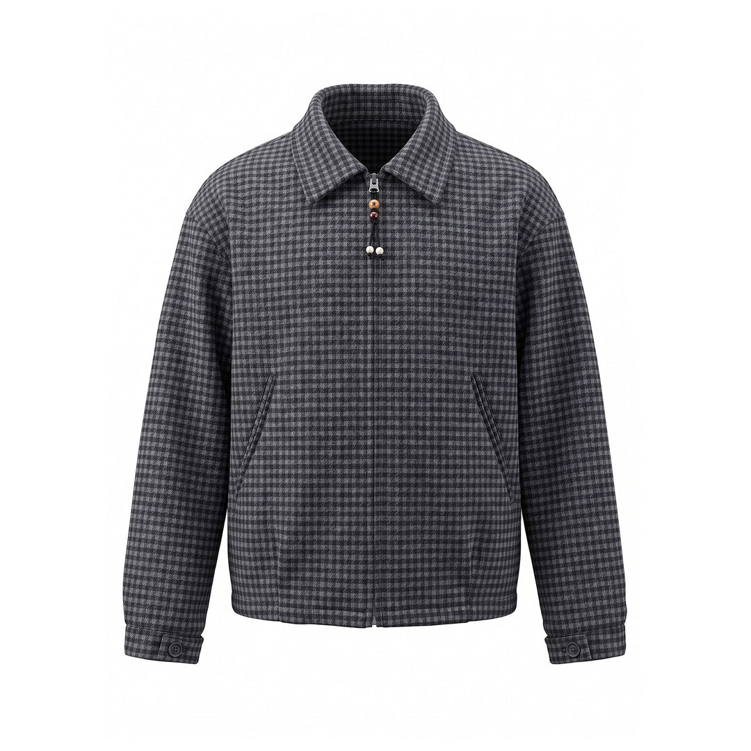 Men's Short-Cut Wool Blend Bomber with Houndstooth Pattern and Concealed Zipper