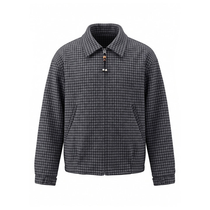 Men's Short-Cut Wool Blend Bomber with Houndstooth Pattern and Concealed Zipper