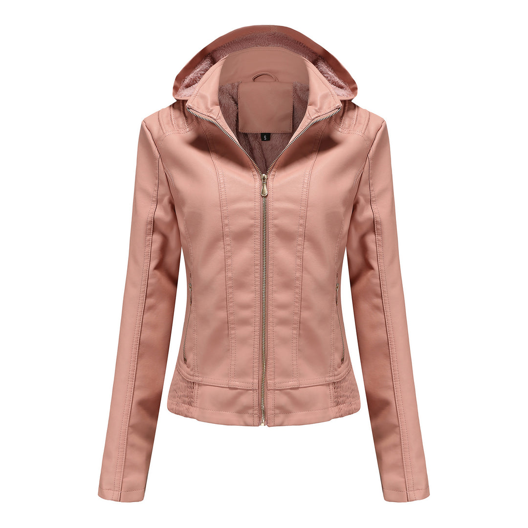 Women's tailored faux leather jacket with hood, padded inner lining and concealed zip pockets Mune Fashion
