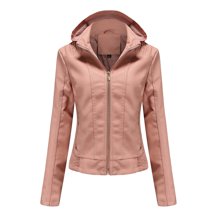 Women's tailored faux leather jacket with hood, padded inner lining and concealed zip pockets Mune Fashion