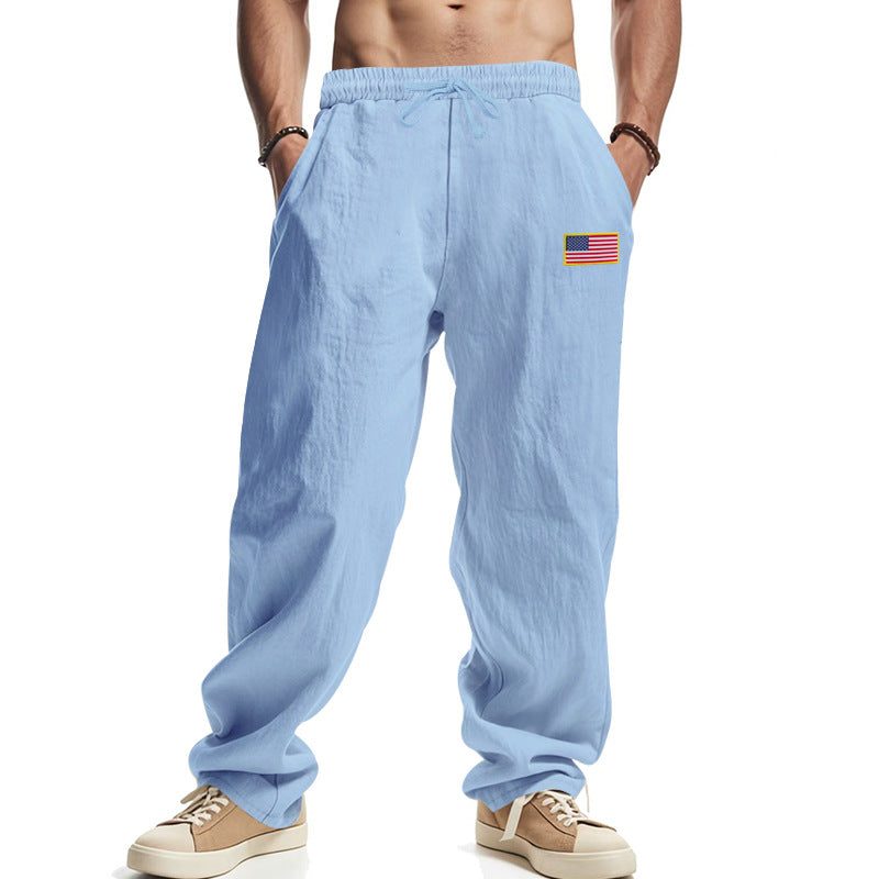 Men's casual cotton-linen lounge pants with elastic waistband, drawstring, and discreet flag application Mune Fashion