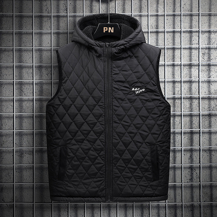 Men's Padded Teddy Fleece Vest with Hood, Full Zip and Letter Patch Mune Fashion