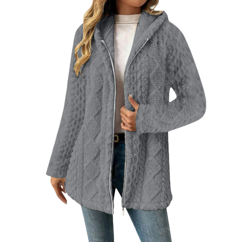 Women's Hooded Sherpa Jacket with Cable Pattern, Medium Length and Two-Way Zipper Mune Fashion