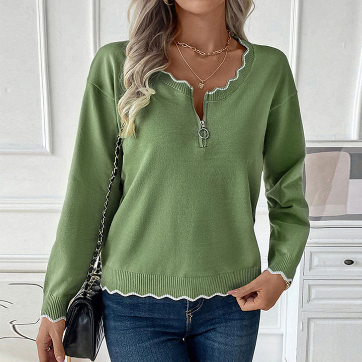 Women fine knit sweater with zip collar and waved contrast edge Mune Fashion