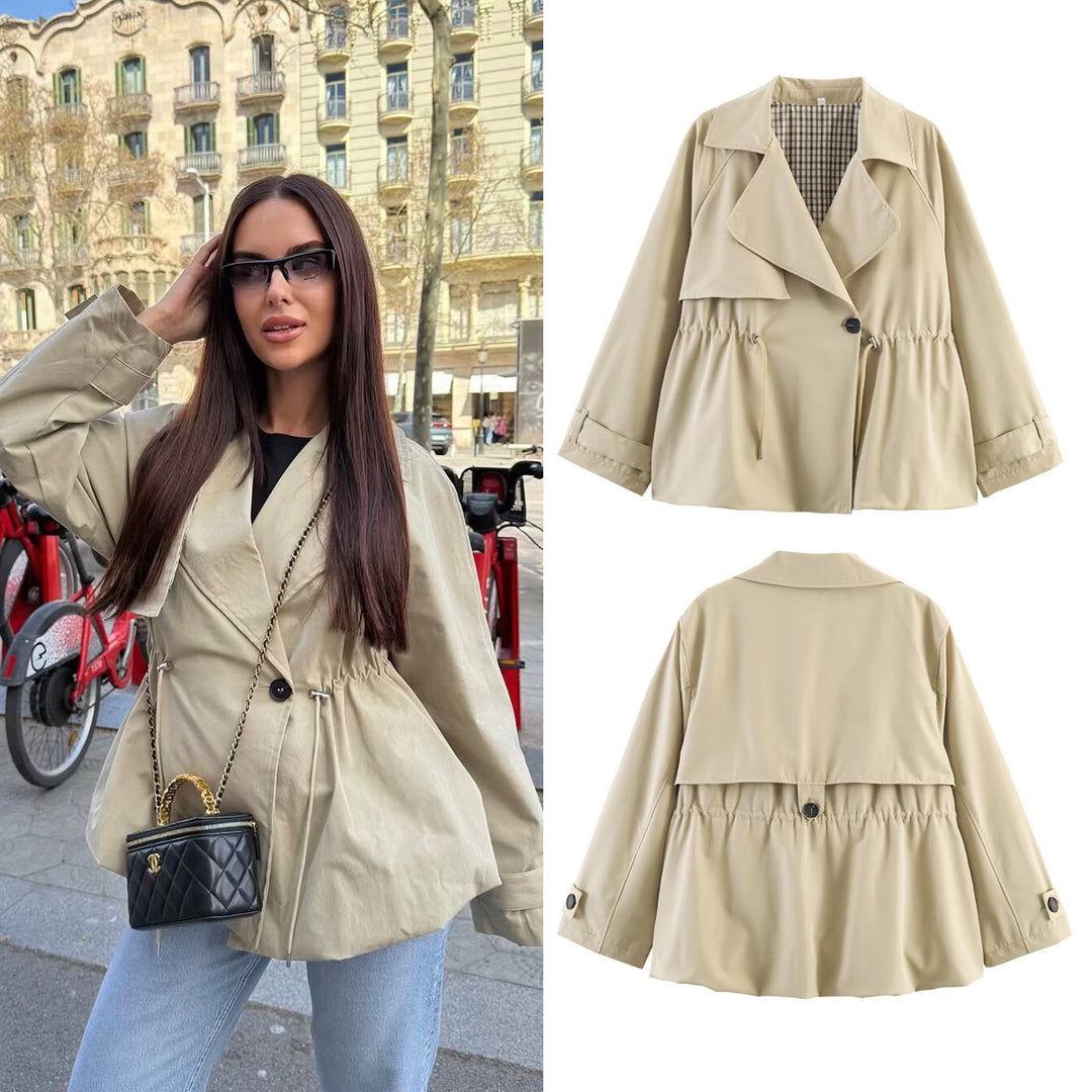 Women's Short Trench Coat with Drawstring Waist Mune Fashion
