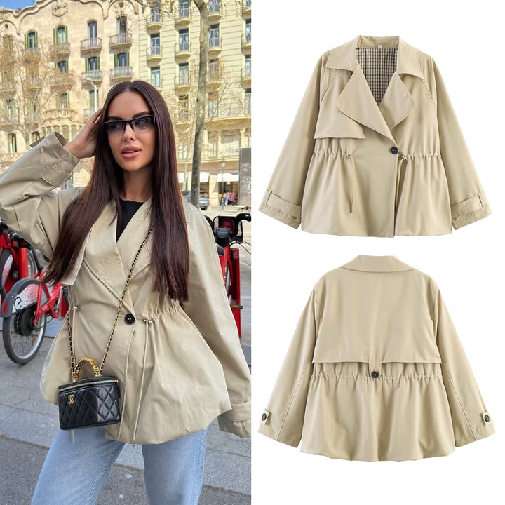 Women's Short Trench Coat with Drawstring Waist Mune Fashion