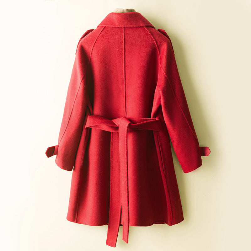 Women's Double-Breasted Wool Blend Coat with Waist Belt, Epaulettes and Adjustable Cuffs Mune Fashion