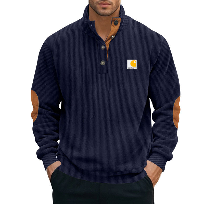 Men's knitted pullover in Troyer style with stand-up collar leather trim snap button placket and elbow patches Mune Fashion