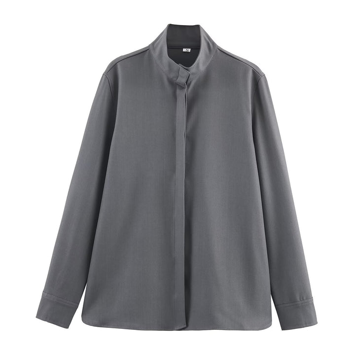 Women's loose-fitting tunic blouse with concealed button placket and stand-up collar Mune Fashion