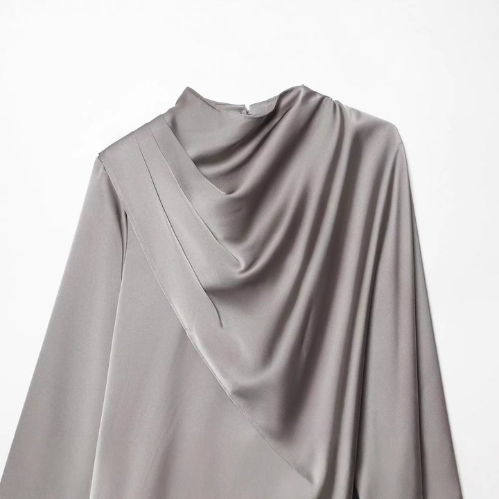 Women Asymmetric Draped Satin Blouse with Waterfall Collar Mune Fashion