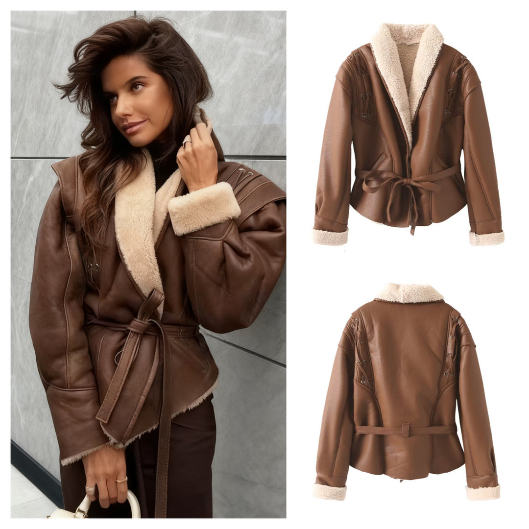 Women's Short Faux Leather Jacket with Teddy Lining, Shawl Collar and Waist Belt Mune Fashion