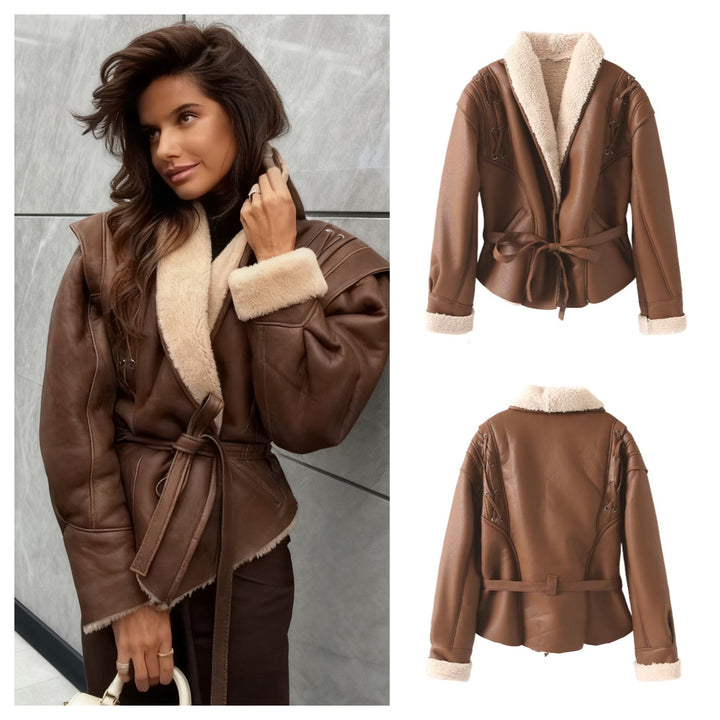 Women's Short Faux Leather Jacket with Teddy Lining, Shawl Collar and Waist Belt Mune Fashion