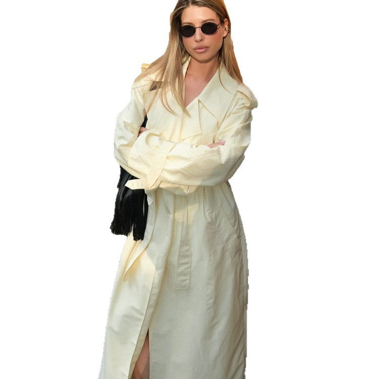 Women's Lightweight Long Trench Coat with Oversized Silhouette, Wide Shawl Collar and Extended Sleeves Mune Fashion