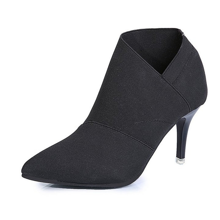 Ladies lace ankle boots with canvas upper and mid-high stiletto heel Mune Fashion