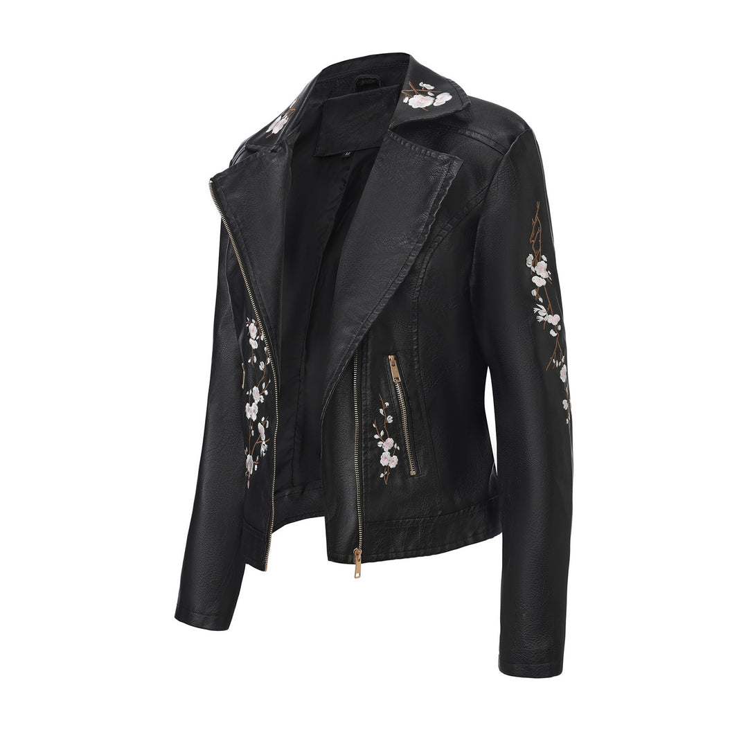 Women nan embroidered tailored faux leather biker jacket with asymmetrical zipper Mune Fashion
