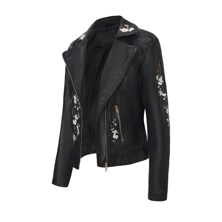 Women nan embroidered tailored faux leather biker jacket with asymmetrical zipper Mune Fashion