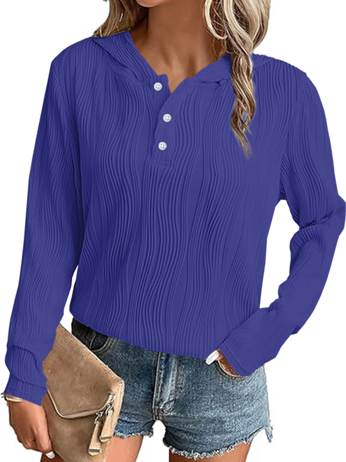 Women's Ribbed Hooded Henley Shirt with Button Placket and Light Texture Mune Fashion