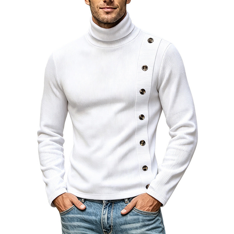 Men's Slim-Fit Turtleneck Sweater with Asymmetrical Decorative Button Placket Made of Ribbed Knit Mune Fashion