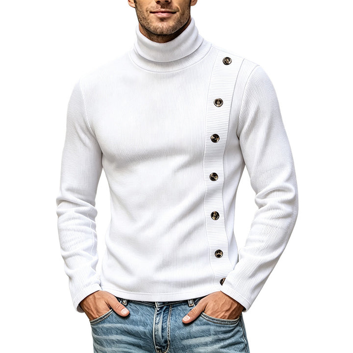 Men's Slim-Fit Turtleneck Sweater with Asymmetrical Decorative Button Placket Made of Ribbed Knit Mune Fashion