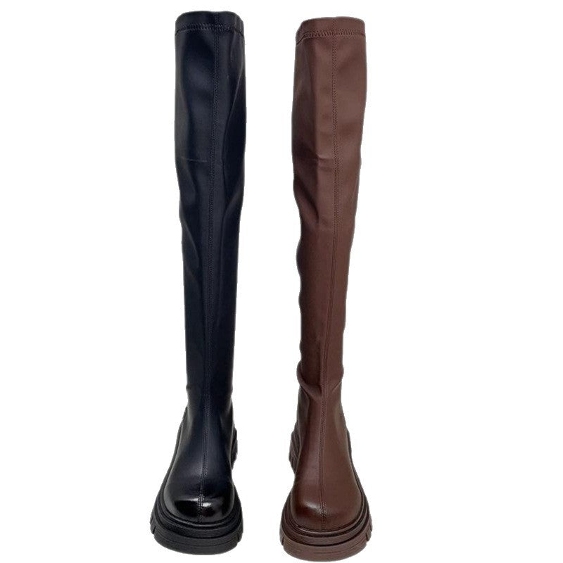 Women's Thigh-High Stretch Boots with Sleek Shaft and Shaped Platform Sole Mune Fashion