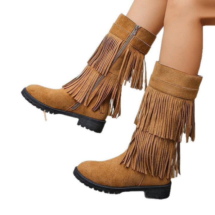 Women Mid-Calf Fringe Boots made of Suede Synthetic with multi-layered fringes and profiled rubber sole Mune Fashion