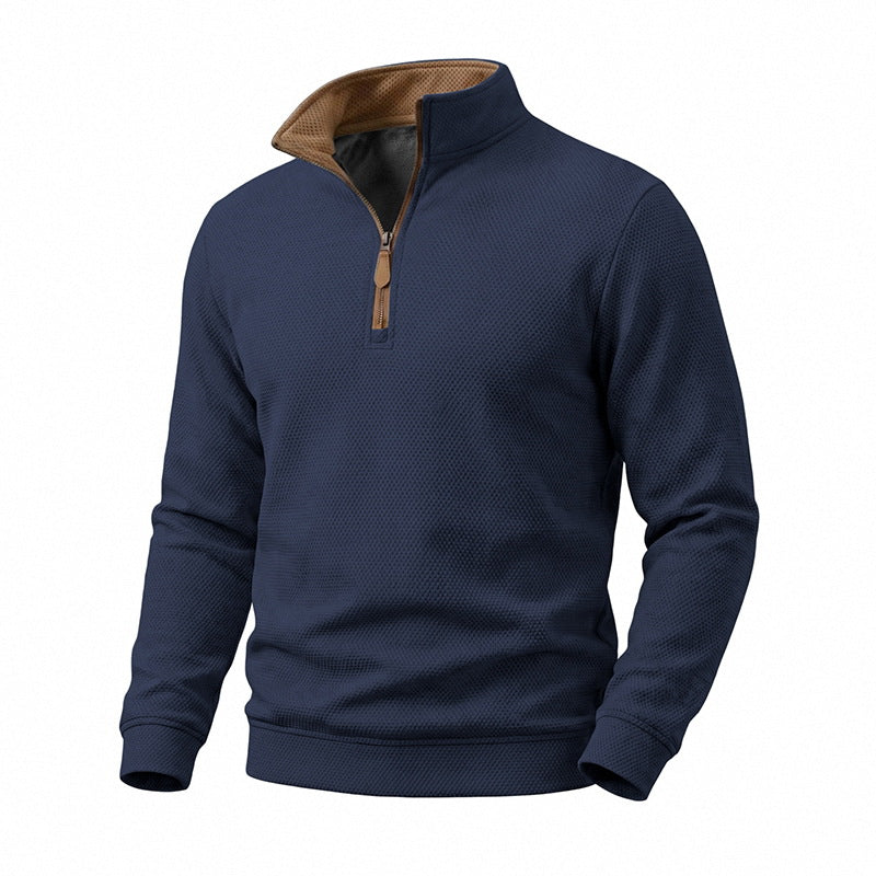 Men's waffle structure half-zip sweatshirt with stand collar, contrast lining, and leather zipper Mune Fashion