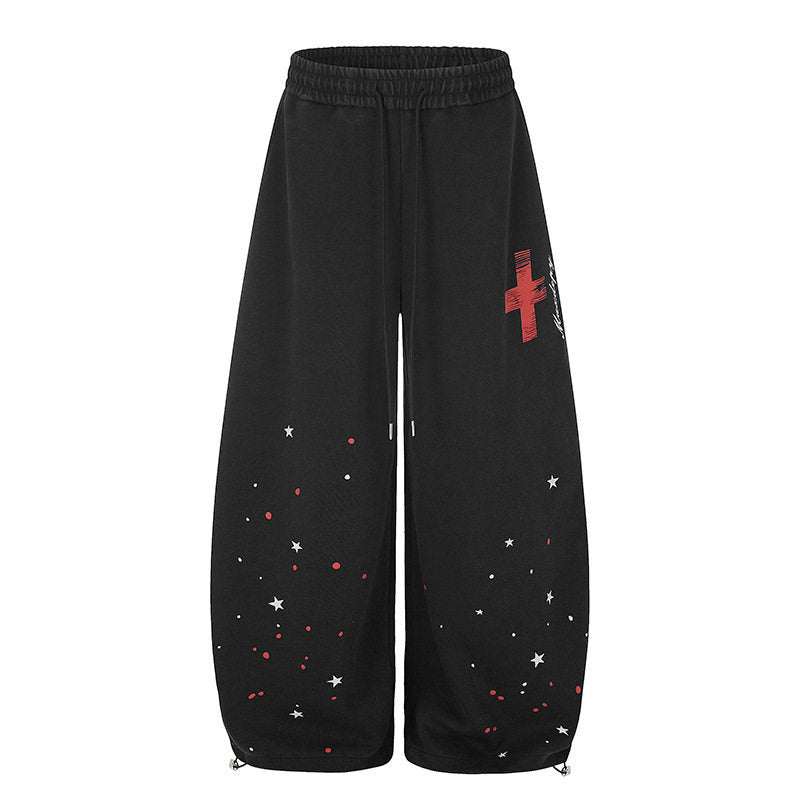 Women's Extra Wide Palazzo Sweatpants with Drawstring Waist, Star Print & Adjustable Balloon Hem Mune Fashion