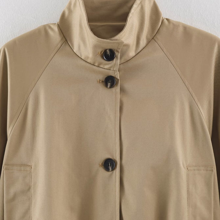 Women Short Cape Trench with Wide Batwing Sleeve, Stand Collar and Waist Belt Mune Fashion