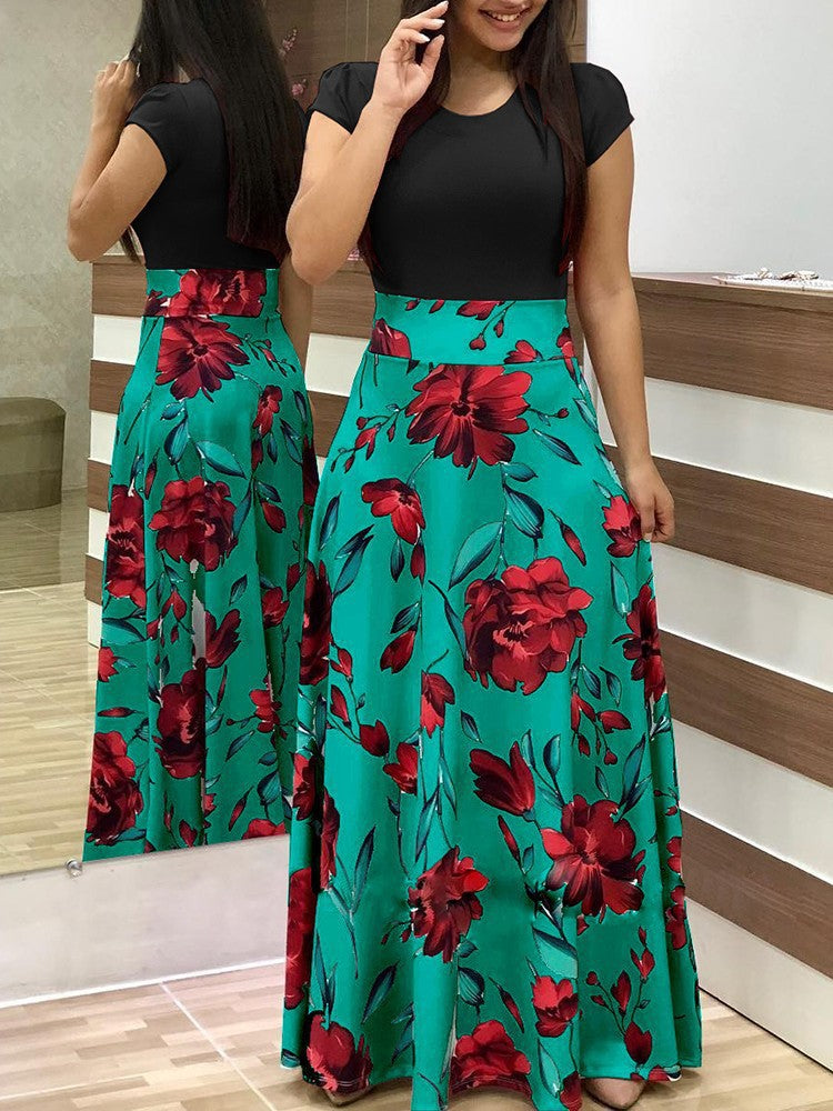 Women's two-piece look maxi dress with fitted jersey top and wide floral skirt Mune Fashion