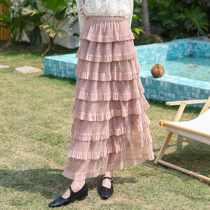 Women's multi-layered midi skirt with polka dot chiffon ruffles and elastic comfort waistband Mune Fashion