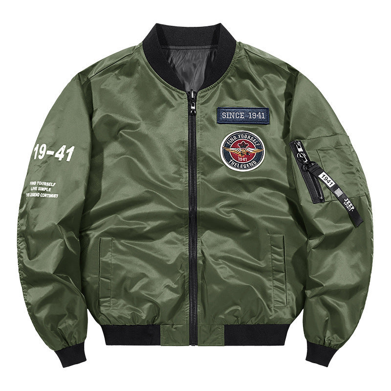Men's Lightweight Nylon Bomber Jacket in Aviator Style with Patch Details and Arm Pocket Mune Fashion