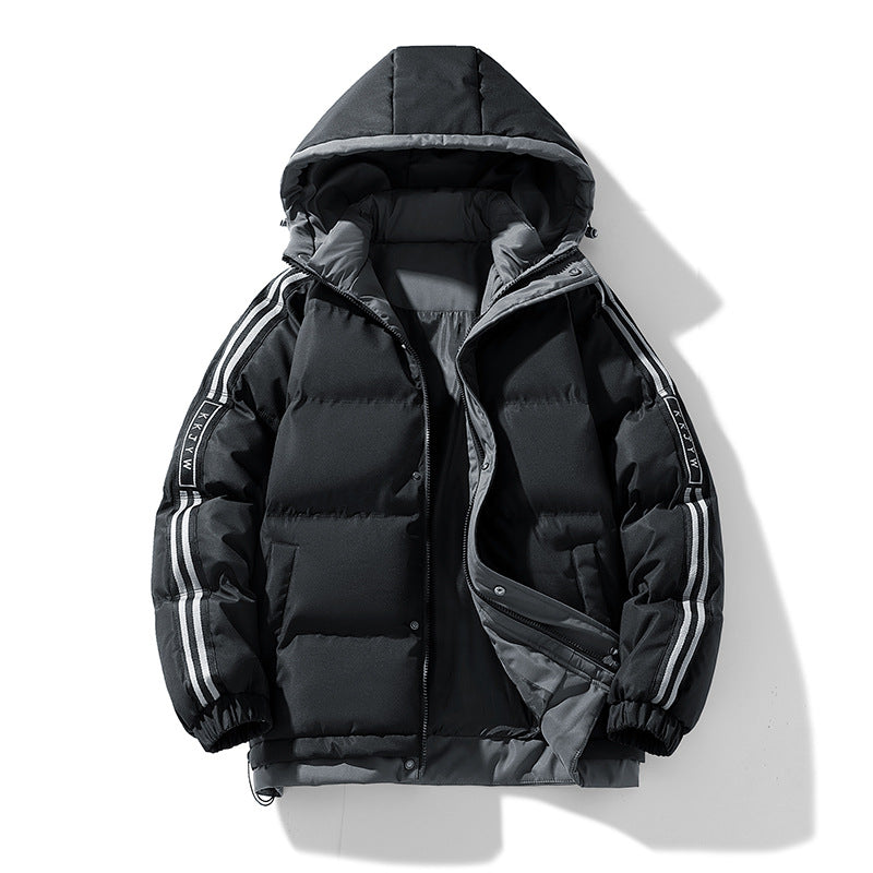 Men's sporty quilted hooded jacket with two-way zip, drawstring, and reflective shoulder stripes Mune Fashion