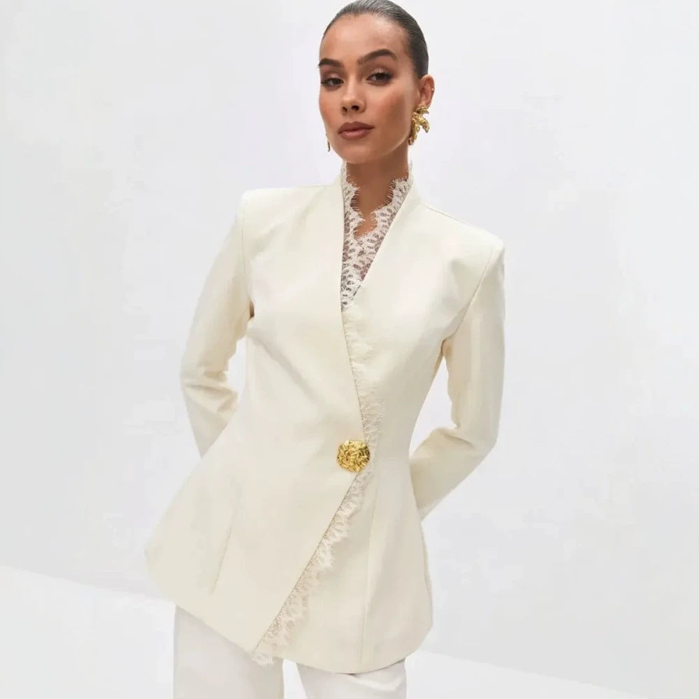 Women's Tailored Blazer with Lace Trim and Decorative Button Mune Fashion