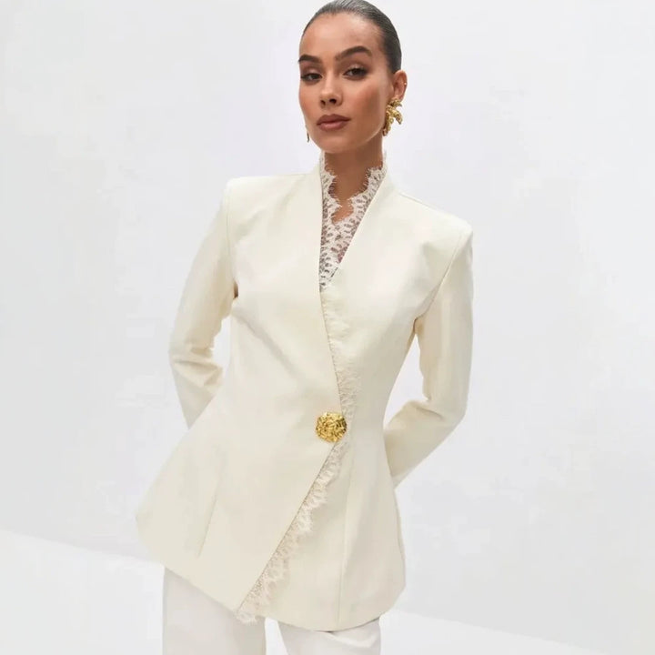 Women's Tailored Blazer with Lace Trim and Decorative Button Mune Fashion