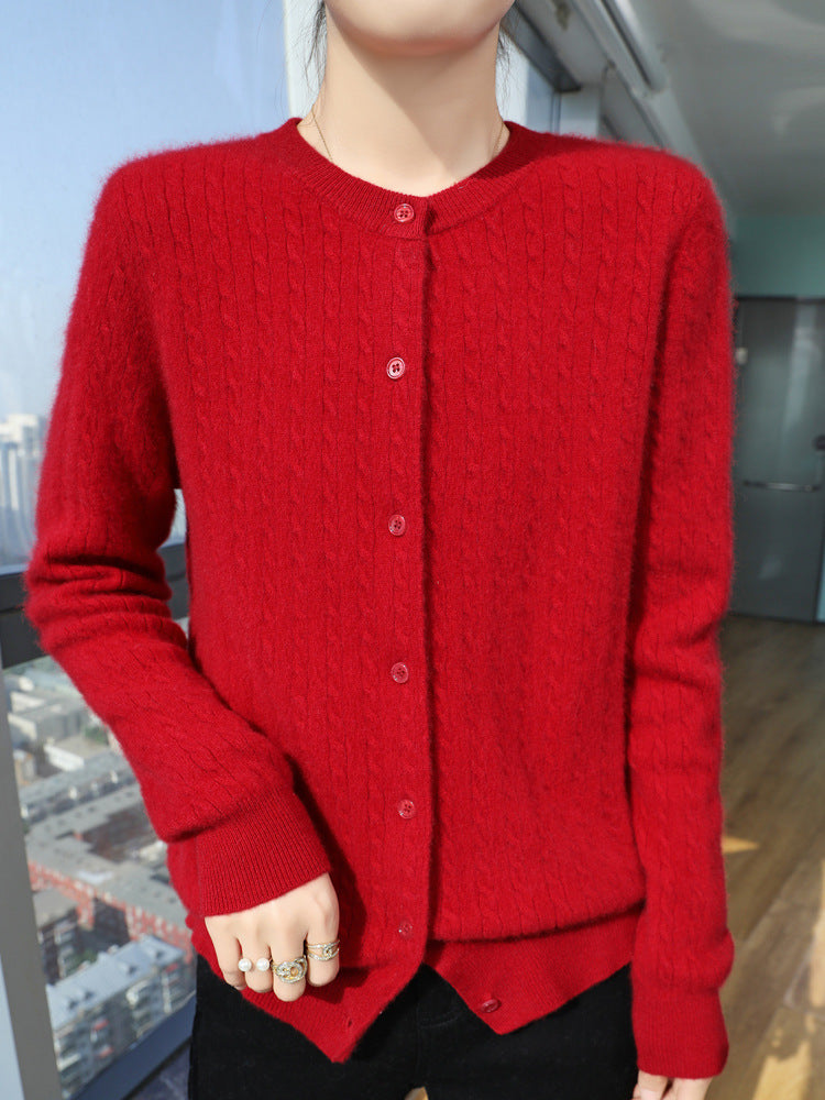 Ladies Short-cut Fine Knit Cardigan with Subtle Structure and Round Neck Mune Fashion