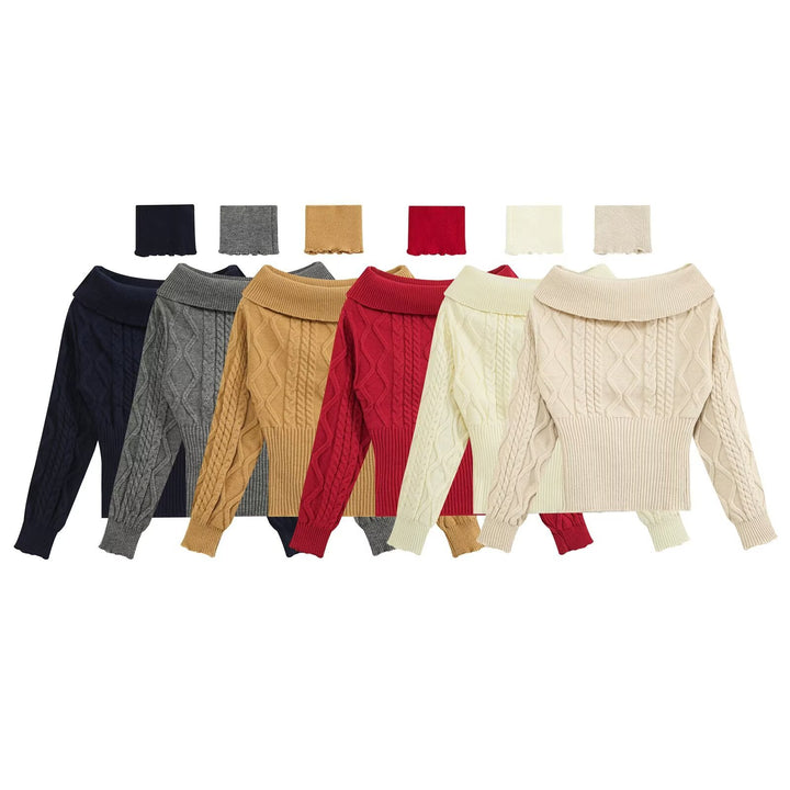 Women Off-Shoulder Cable Knit Sweater with Wide Folded Collar Drune