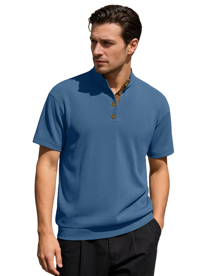 Men's Waffle Structure Short Sleeve Henley with Stand-Up Collar and Decorative Button Placket Mune Fashion