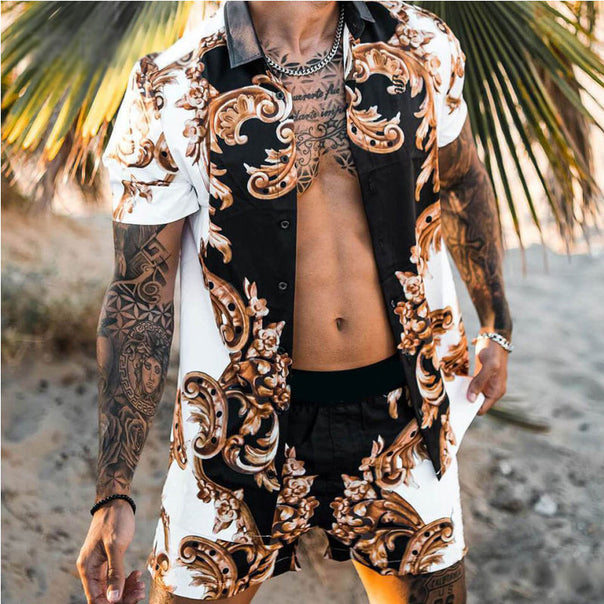 Men's short-sleeved shirt with baroque pattern and matching loose-fitting shorts Mune Fashion