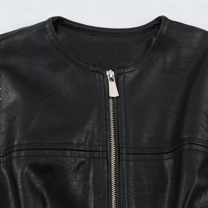 Ladies Wide Cut Cropped Bomber Jacket made of Faux Leather with Round Neckline Mune Fashion