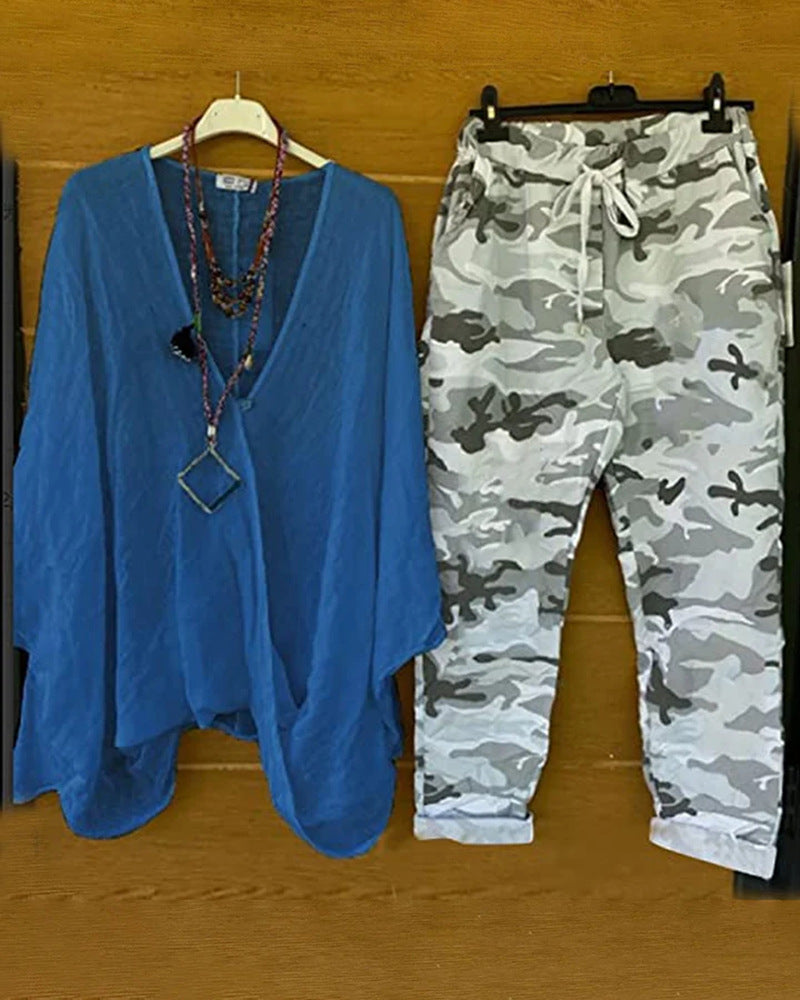 Women's two-piece outfit consisting of flowing kimono top and camouflage jogging pants Mune Fashion
