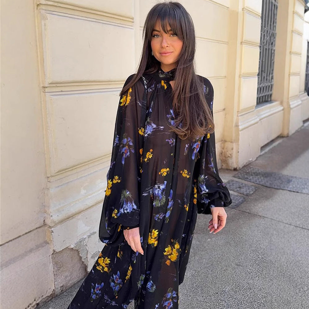 Women's Chiffon Maxi Dress with Stand Collar, Keyhole Neckline & Voluminous Balloon Sleeves Mune Fashion