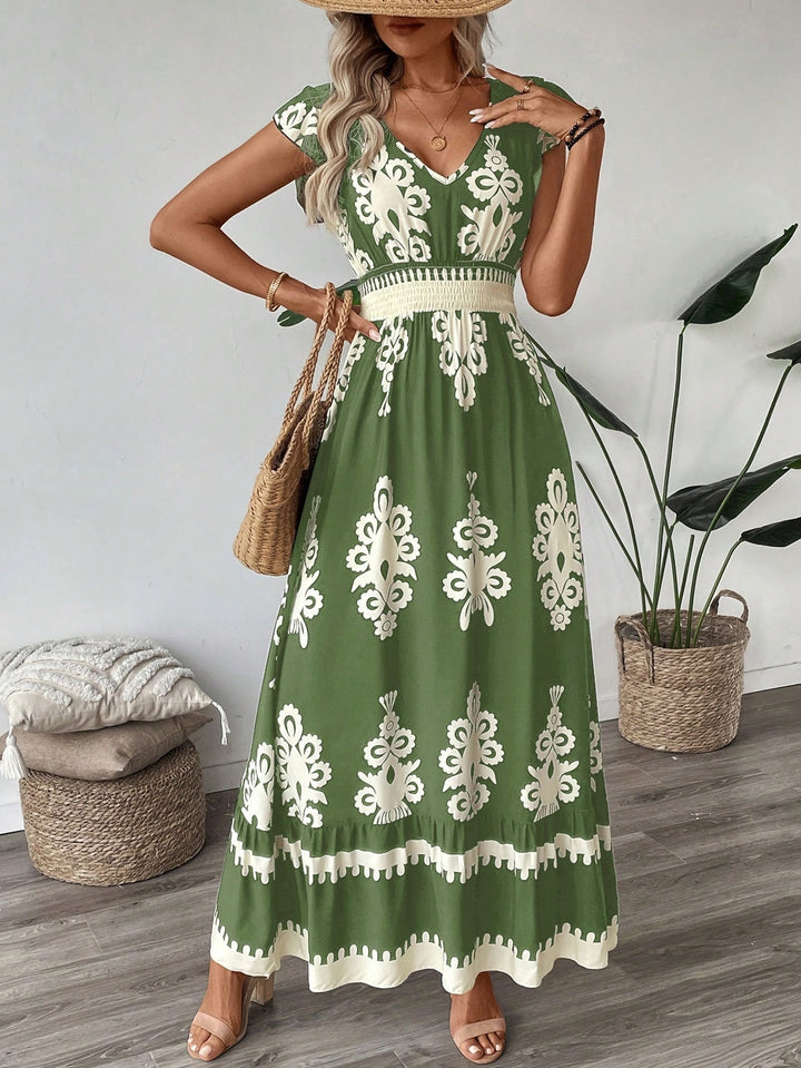Women’s Boho Long Dress with V-neck, fitted stretch waistband and contrasting ornament print Mune Fashion