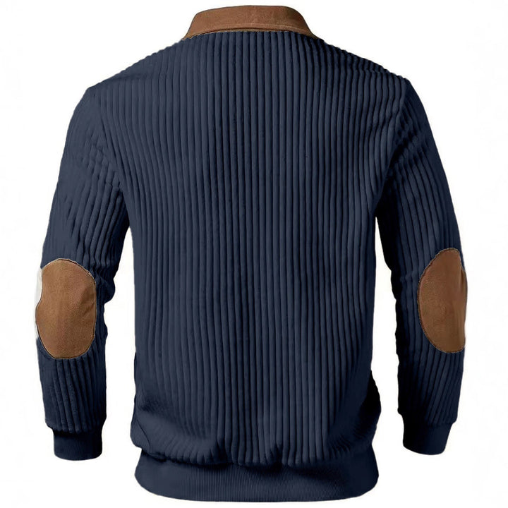Men's ribbed half-zip pullover with contrasting leather appliqués on shoulders and elbows Mune Fashion